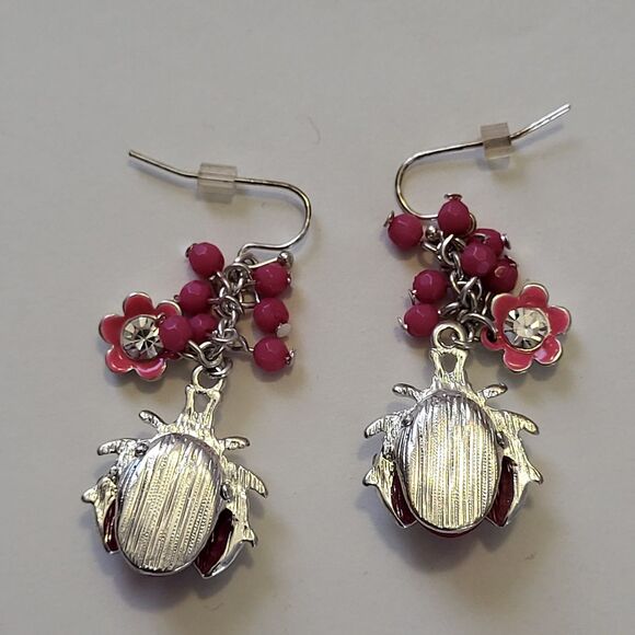 Pink Bug Ladybug And Flower Rhinestone Embellished Dangle Artisan Earrings - Picture 4 of 4